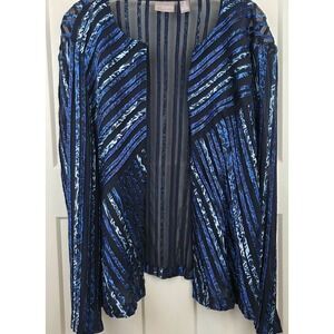 Travelers by Chico's Blue Satin Quilted Stripe Sheer Mesh Cardigan‎ SZ 2 Large